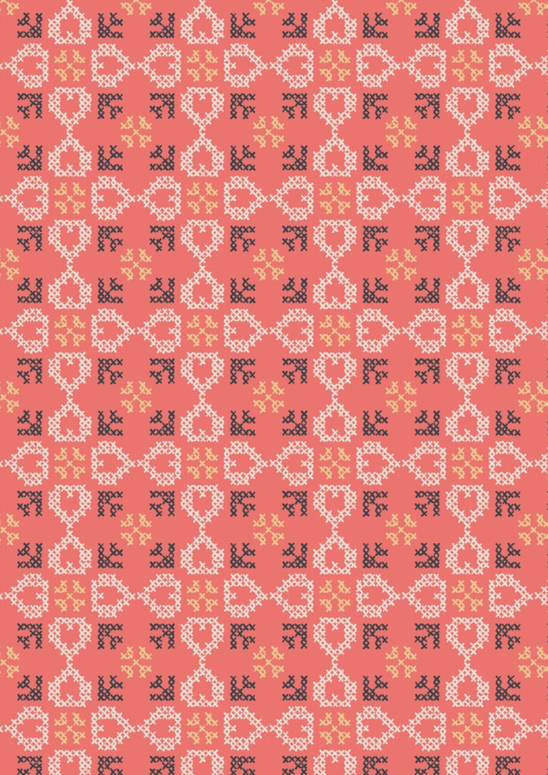 Lewis & Irene | Folk Floral | Cross Stitch Hearts on Coral £7pm