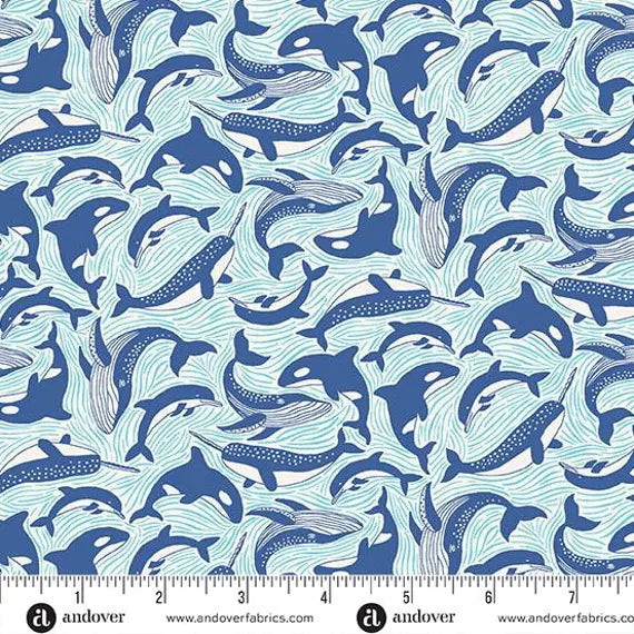 Makower | Deep Blue Sea | Fins & Tails - White £14pm