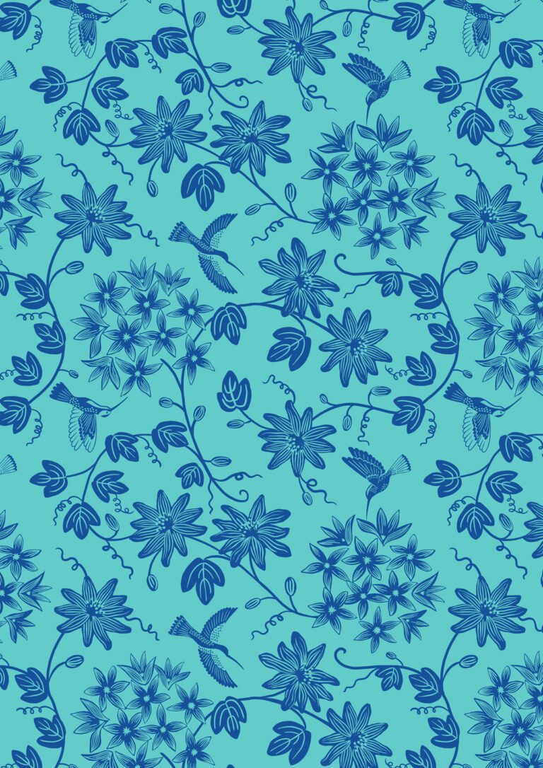 Lewis & Irene | Hibiscus Hummingbird - Hummingbird Mono on Blue £7pm