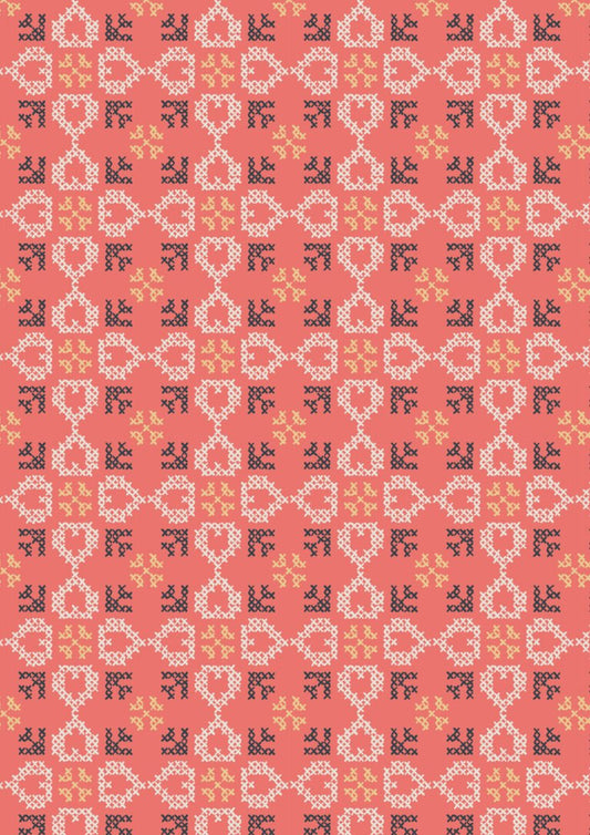 Lewis & Irene | Folk Floral | Cross Stitch Hearts on Coral £7pm