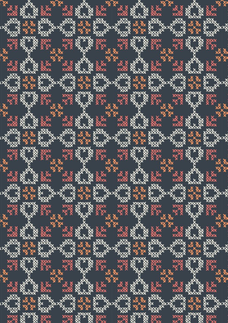 Lewis & Irene | Folk Floral | Cross Stitch Hearts on Navy £7pm