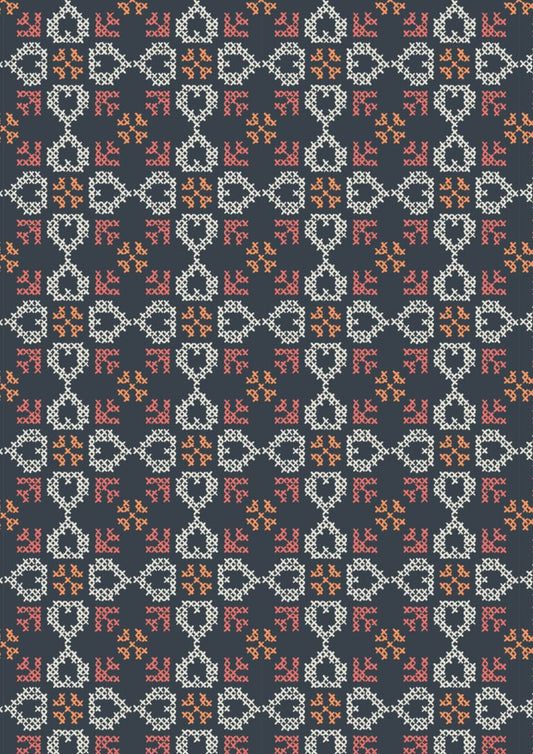 Lewis & Irene | Folk Floral | Cross Stitch Hearts on Navy £7pm