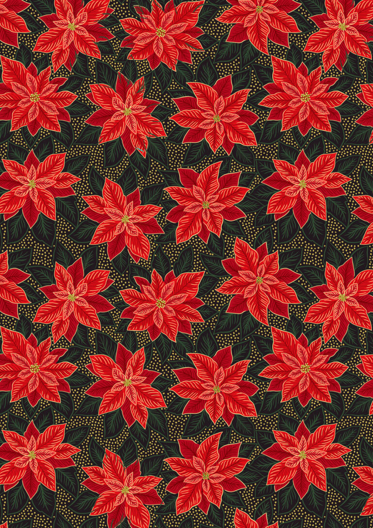 Lewis & Irene | Yuletide | Poinsettia on Black with Gold Metallic £7pm
