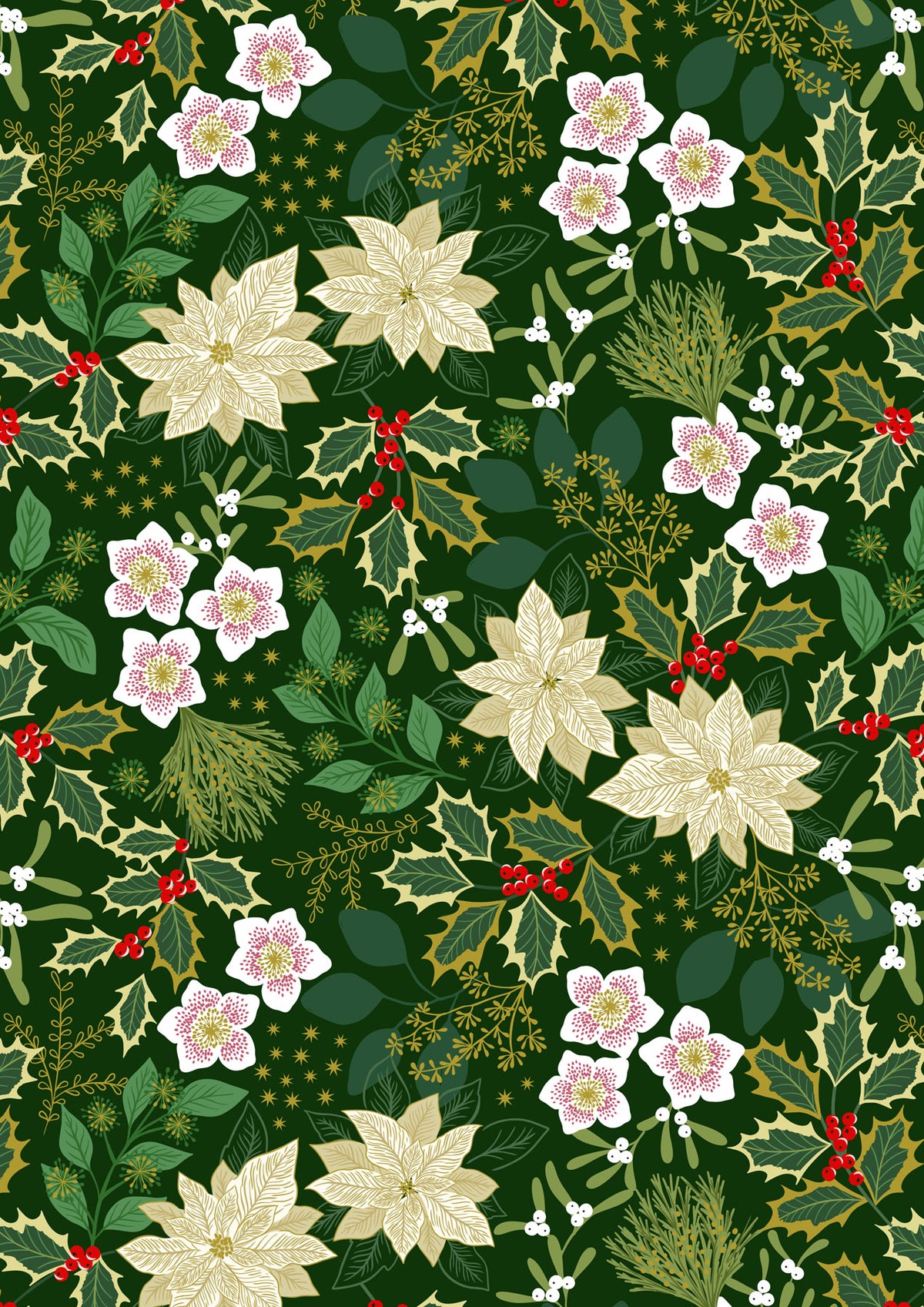 Lewis & Irene | Yuletide | Festive Floral on Green with Gold Metallic £7pm