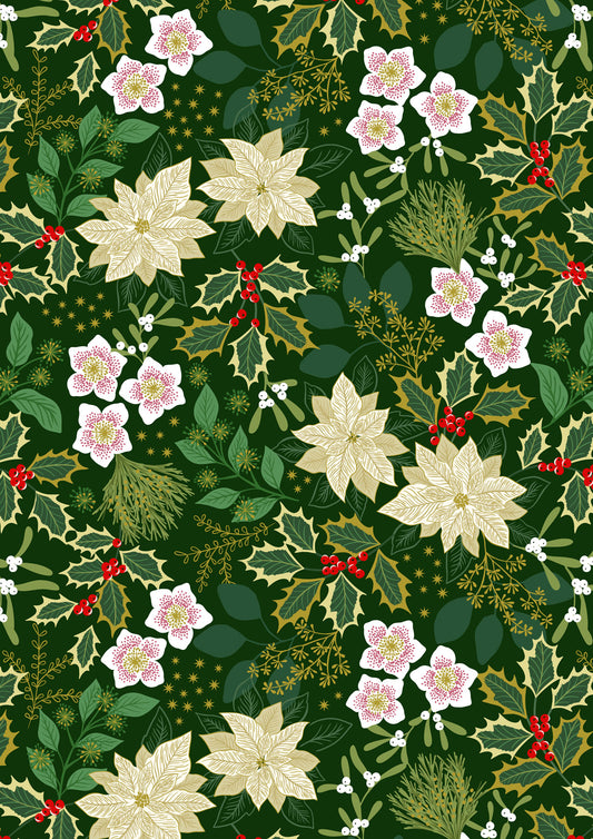 Lewis & Irene | Yuletide | Festive Floral on Green with Gold Metallic £7pm