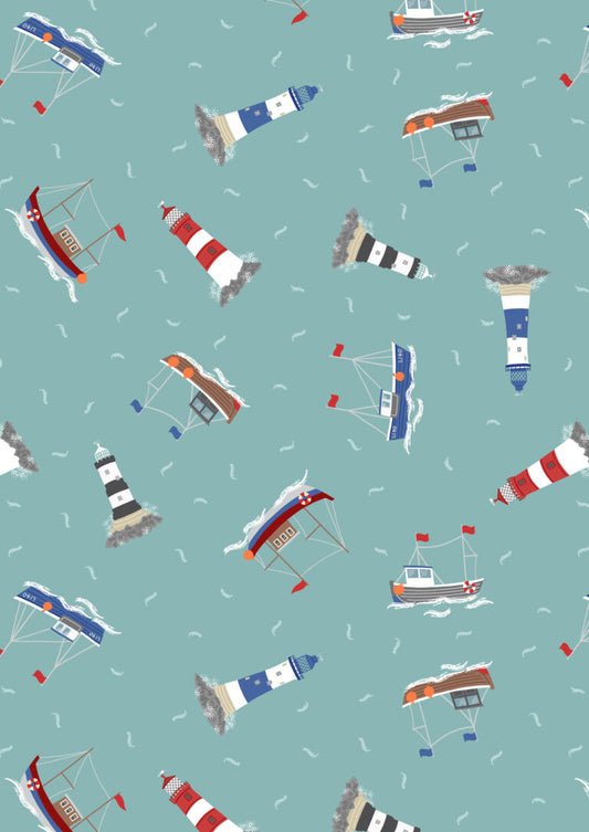 Lewis and Irene | Small Things Coastal | Boats & Lighthouses on Sea Green £8pm