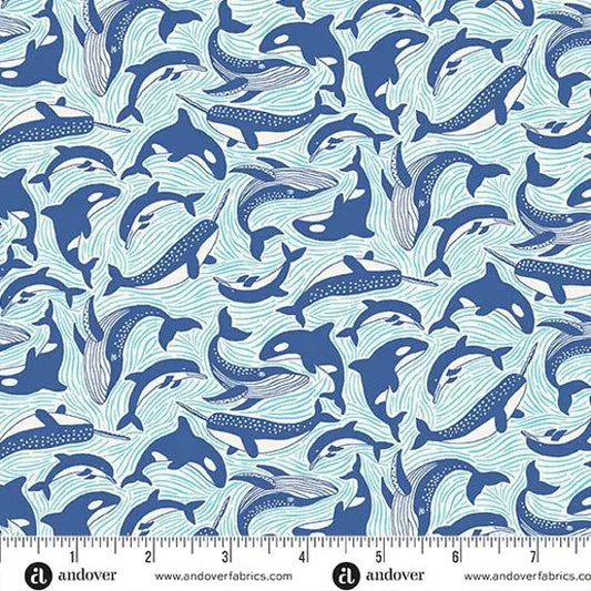 Makower | Deep Blue Sea | Fins & Tails - White £14pm