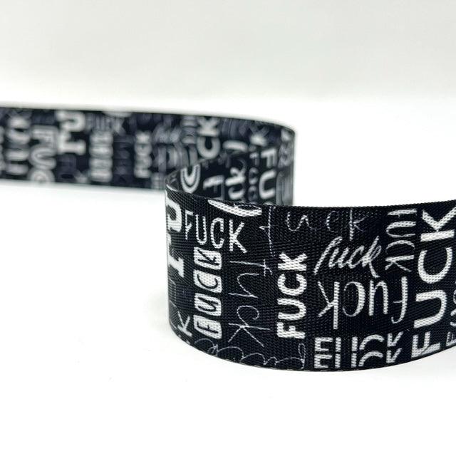 Patterned Nylon Printed Webbing, 38mm in Black FUCK Graffiti. Matching Zip Available
