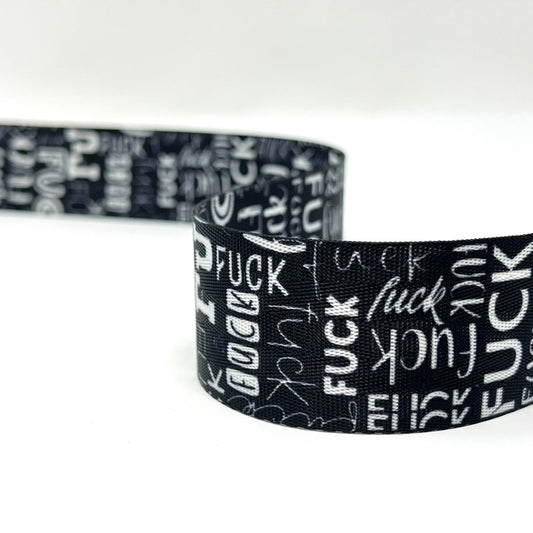 Patterned Nylon Printed Webbing, 38mm in Black FUCK Graffiti. Matching Zip Available