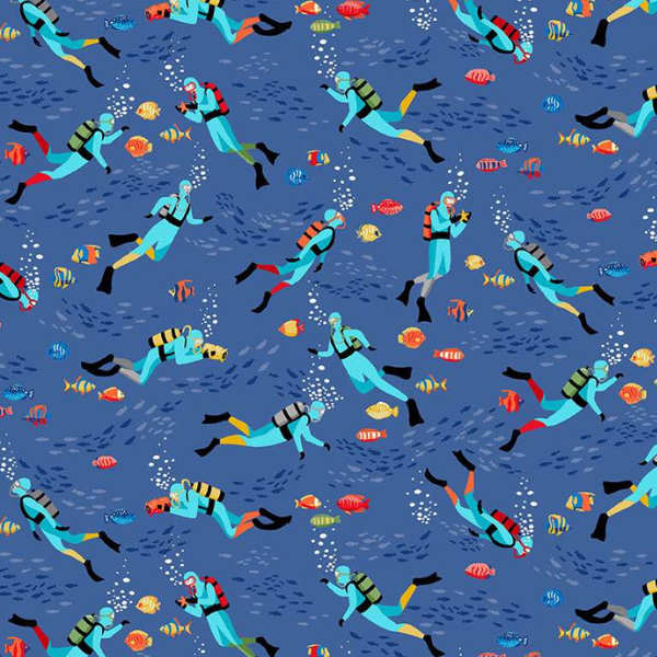 Makower | Deep Blue Sea | Scuba Divers - Dark Blue £14pm