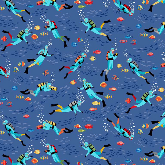 Makower | Deep Blue Sea | Scuba Divers - Dark Blue £14pm