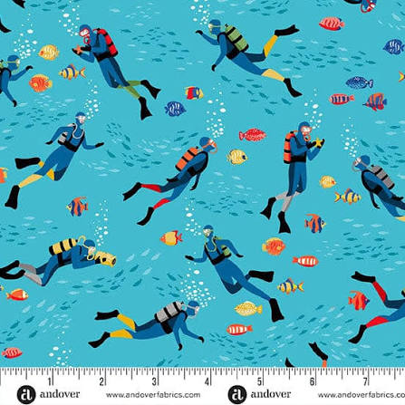 Makower | Deep Blue Sea | Scuba Divers - Light Blue £14pm