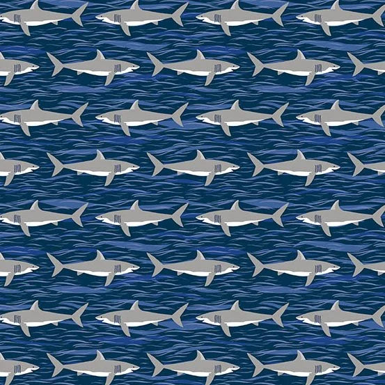 Makower | Deep Blue Sea | Sharks - Dark Blue £14pm