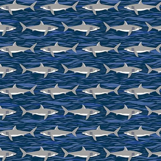 Makower | Deep Blue Sea | Sharks - Dark Blue £14pm