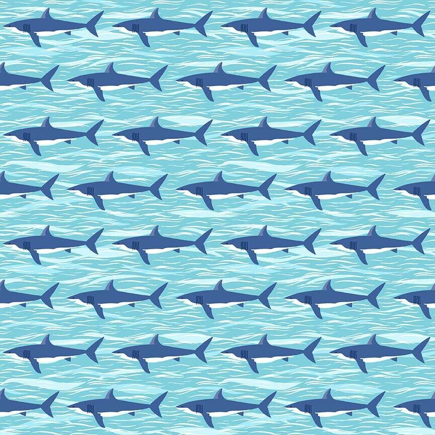 Makower | Deep Blue Sea | Sharks - Pale Blue £14pm