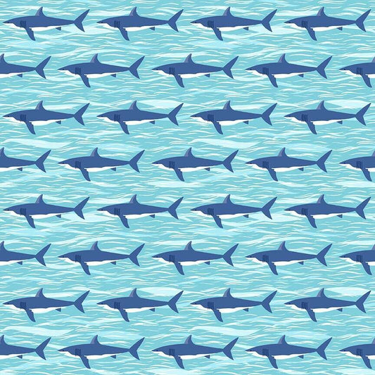 Makower | Deep Blue Sea | Sharks - Pale Blue £14pm